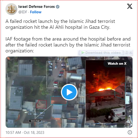 The Israeli Army Puts out Pre- and Post-Bomb Videos of the Gaza Hospital Explosion