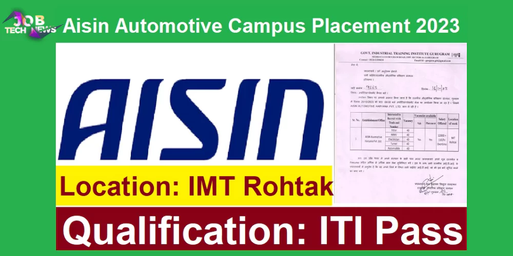 Aisin Automotive Haryana Campus Placement 2023 | Apprentice/Placement | 220 Posts | ITI Pass | Campus Placement Date: 20 October 2023 |